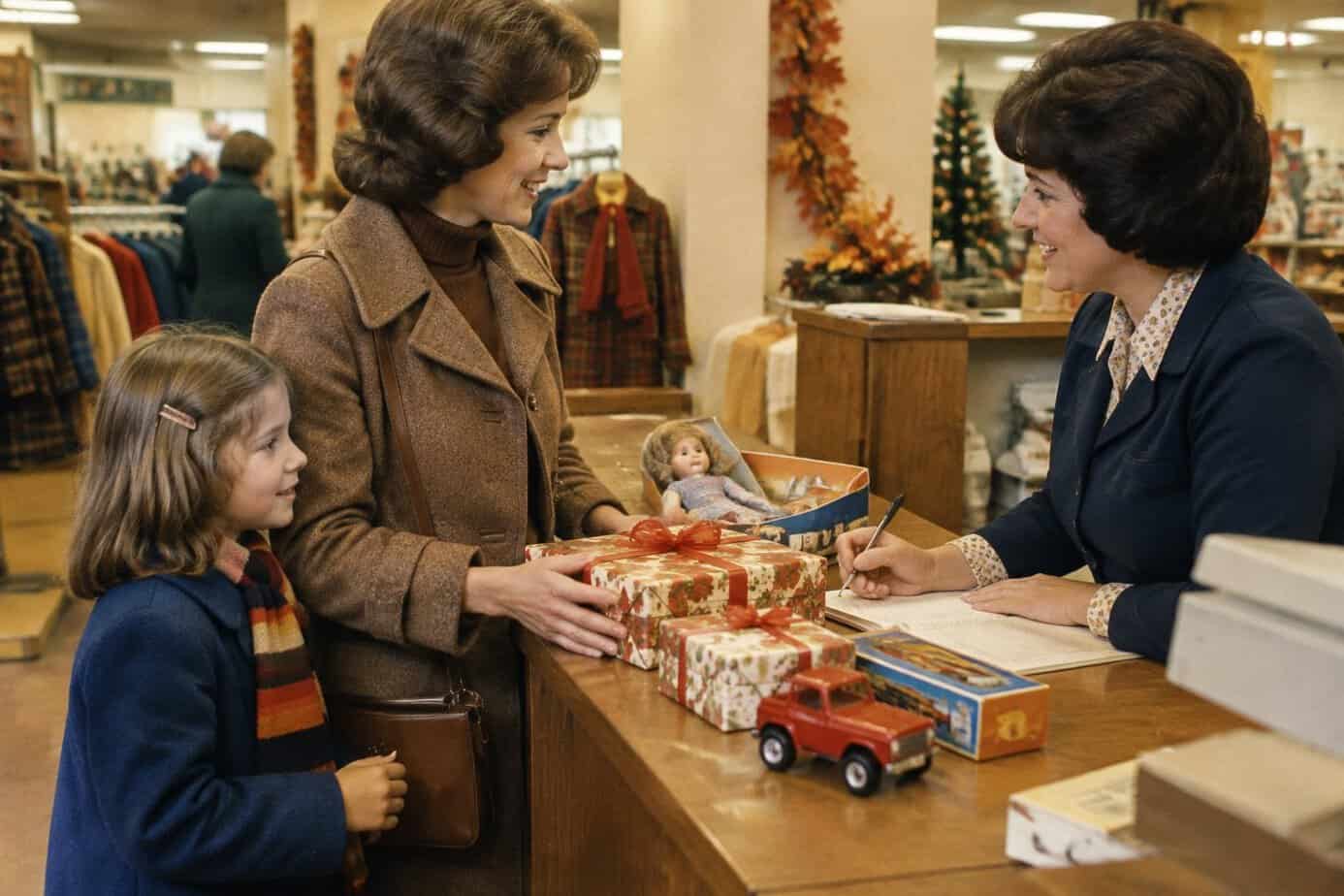 A mother and child arrange Christmas gifts at a department-store layaway counter.