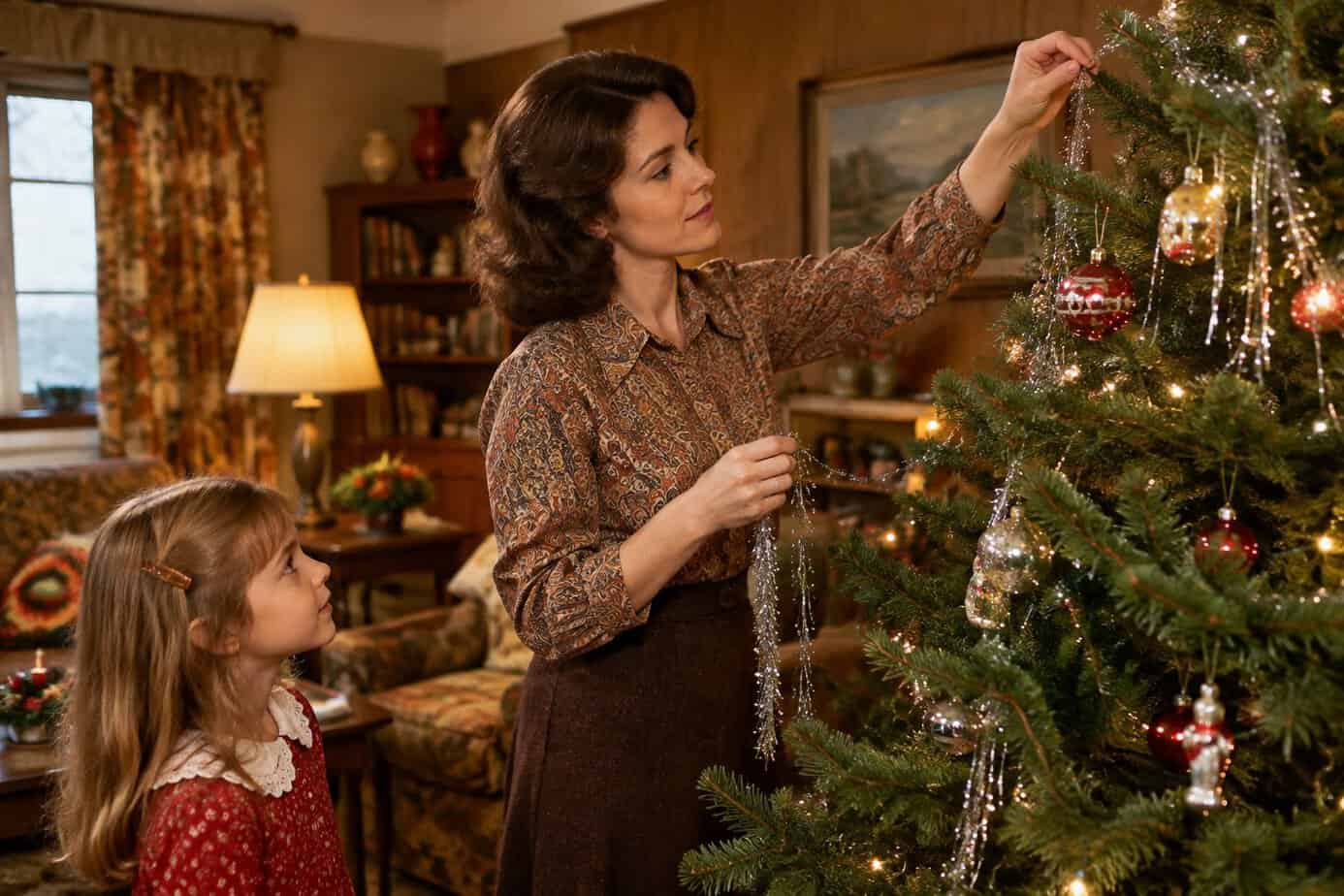 A mother carefully drapes tinsel on a Christmas tree as a child watches.