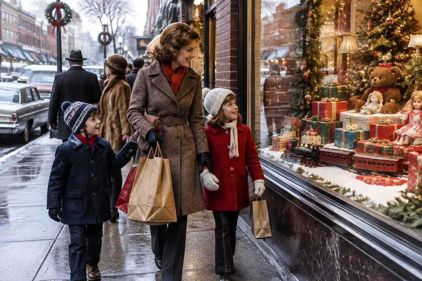 A mother and her children carry shopping bags past festive department store windows on a winter city street.