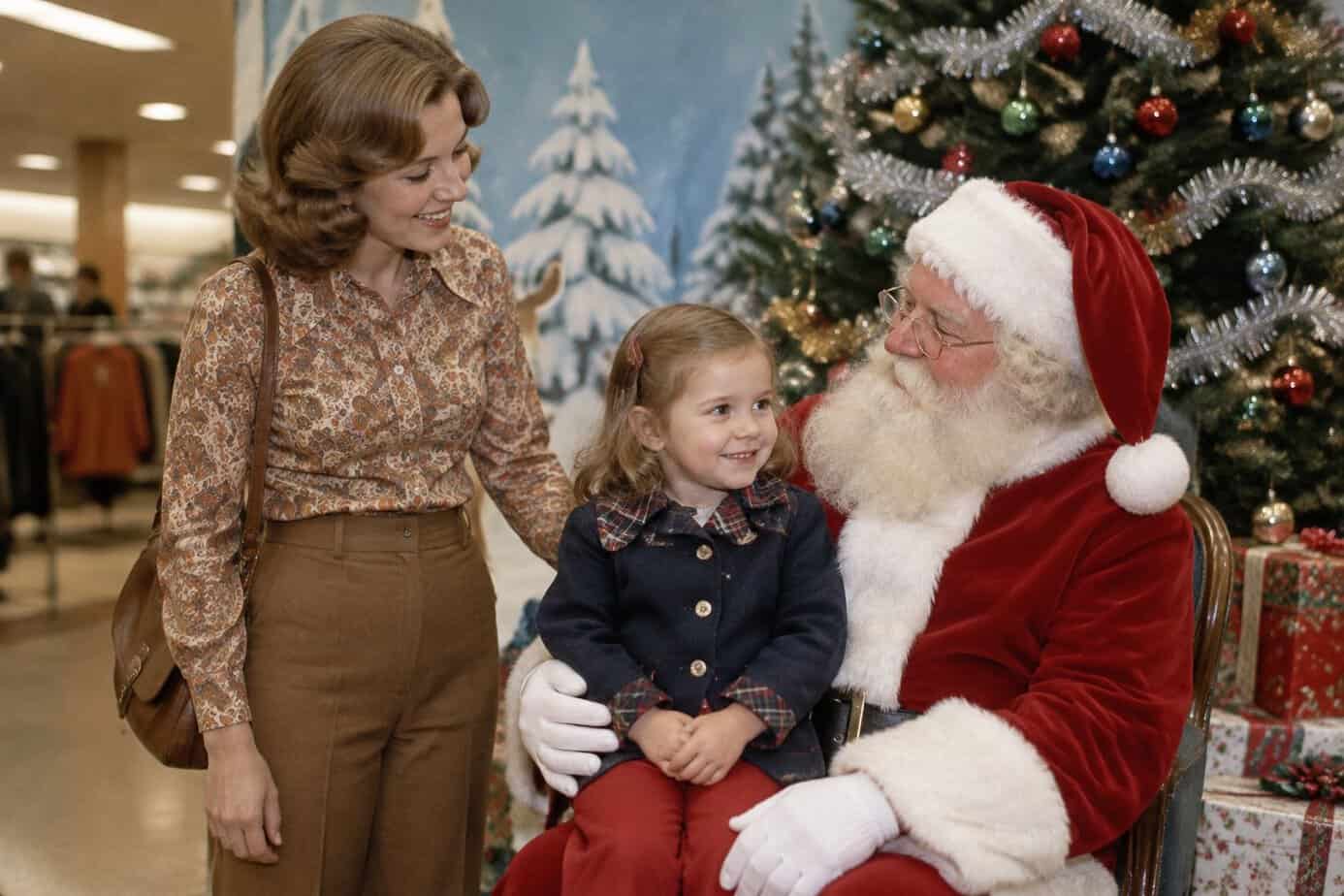 A mother watches as her young child visits Santa at a department store.