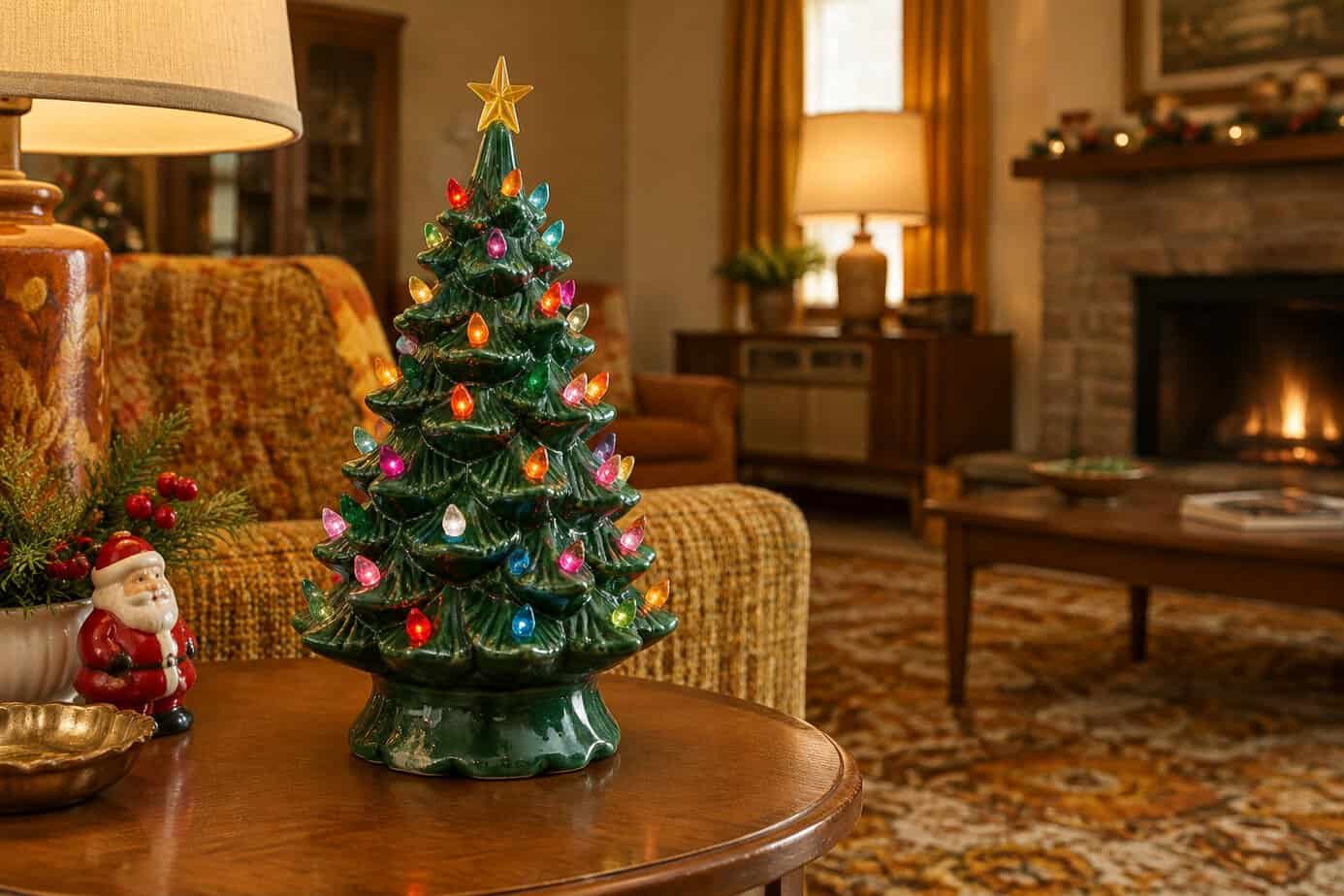 A handmade ceramic Christmas tree decorated with colorful lights sits on a side table.
