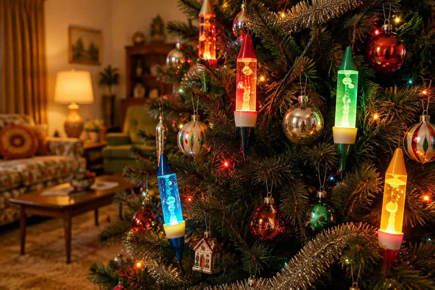 Colorful bubble lights glow among ornaments on a Christmas tree in a cozy living room.