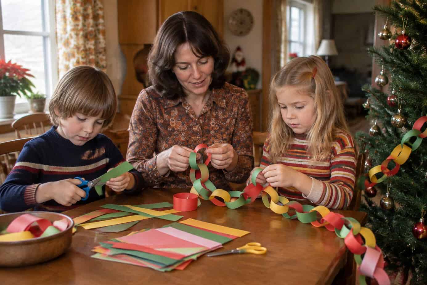 A mother and two children make a colorful paper chain together at a table.