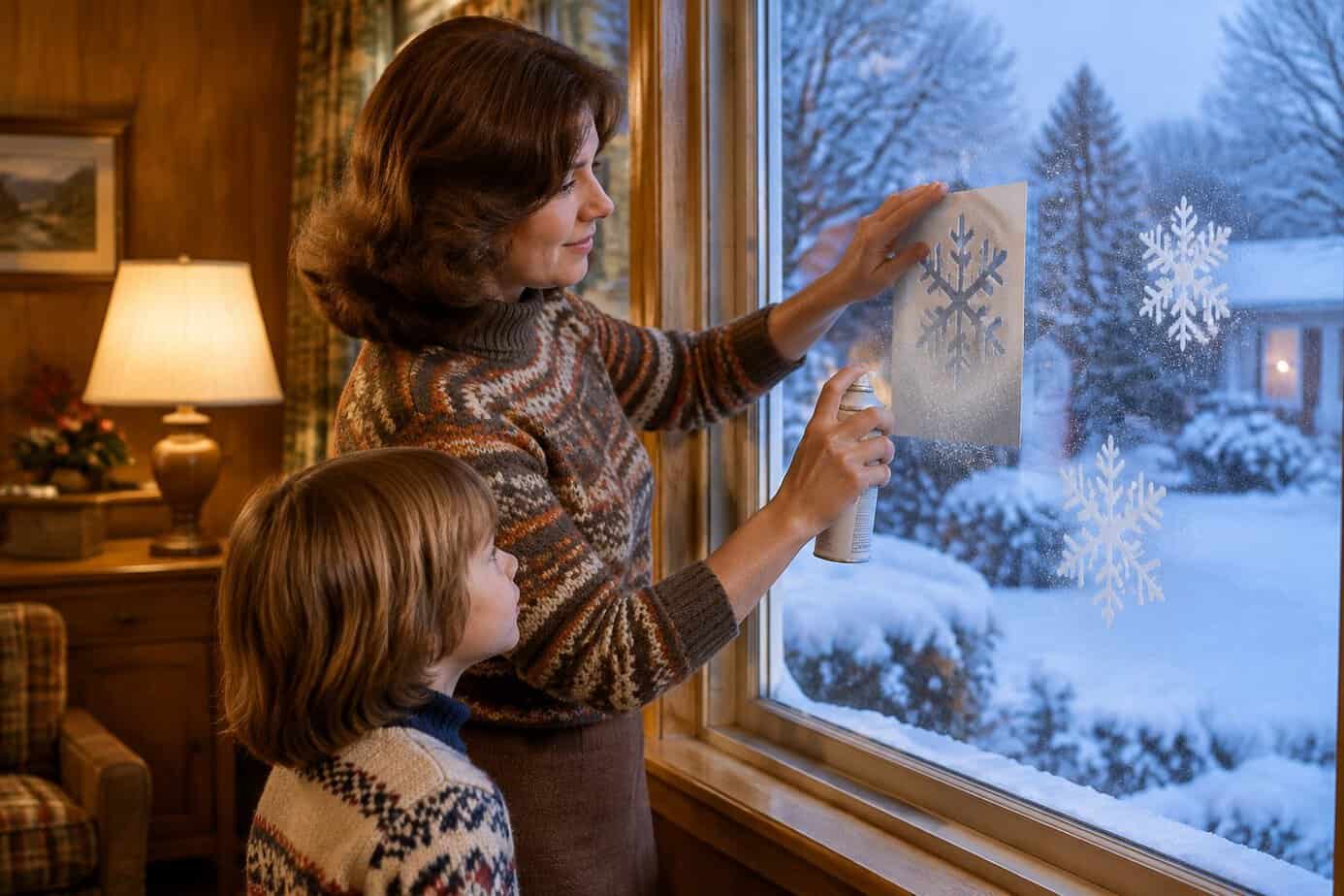 A mother decorates a front window with spray-snow stencils as a child watches.