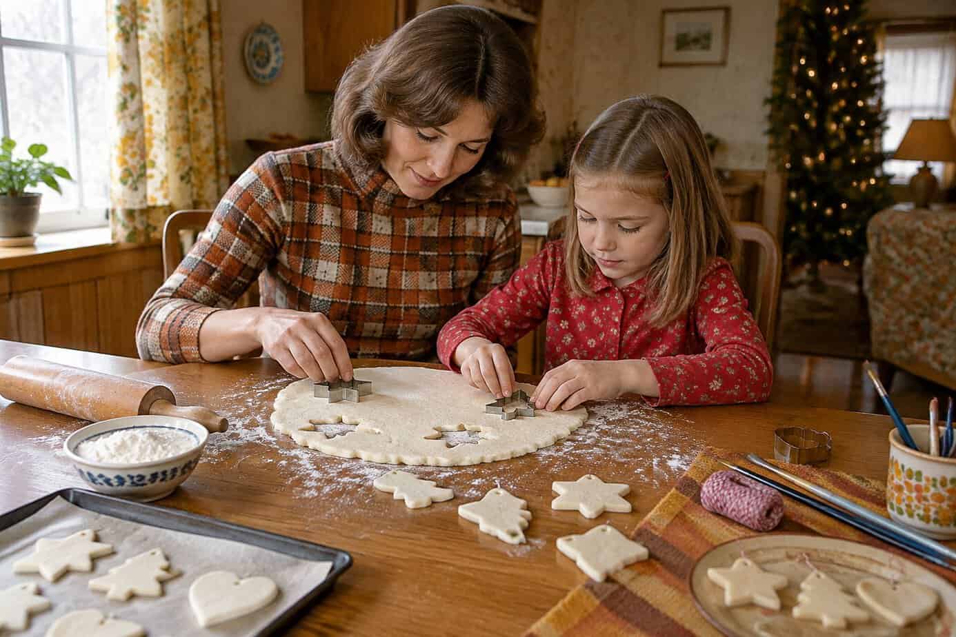 A mother and child make salt-dough Christmas ornaments together at a kitchen table.