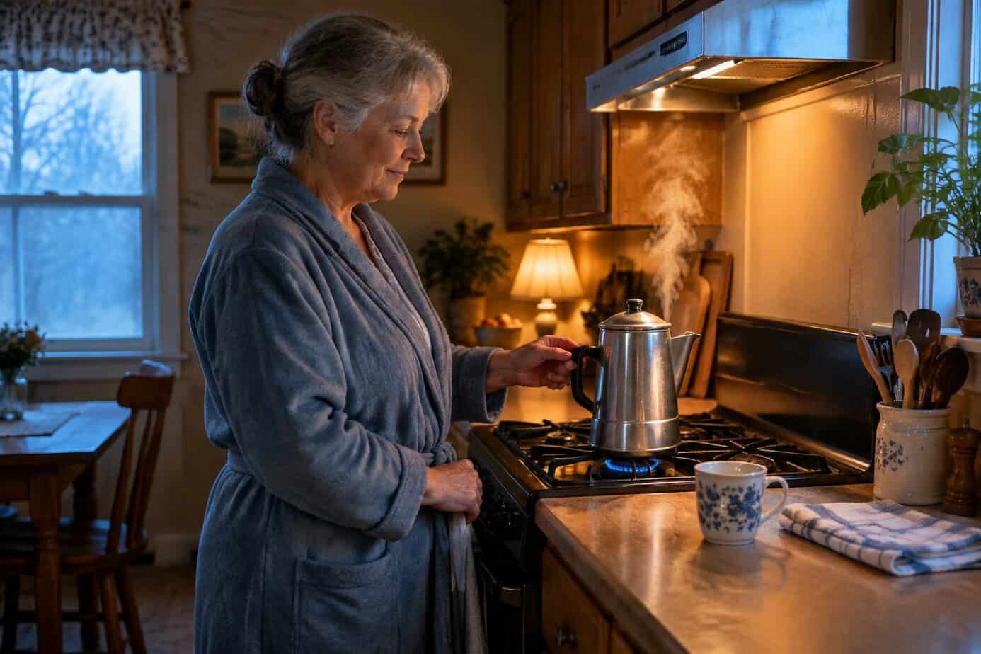 An older woman brews coffee in a percolator in a quiet kitchen at dawn.