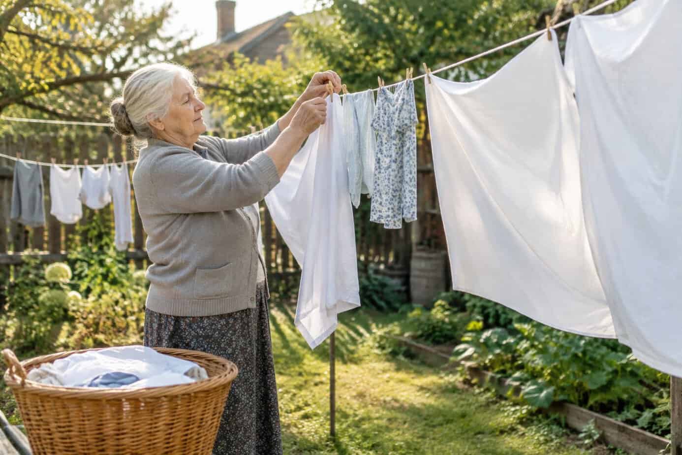 An older woman hangs clean laundry on a clothesline in her backyard.