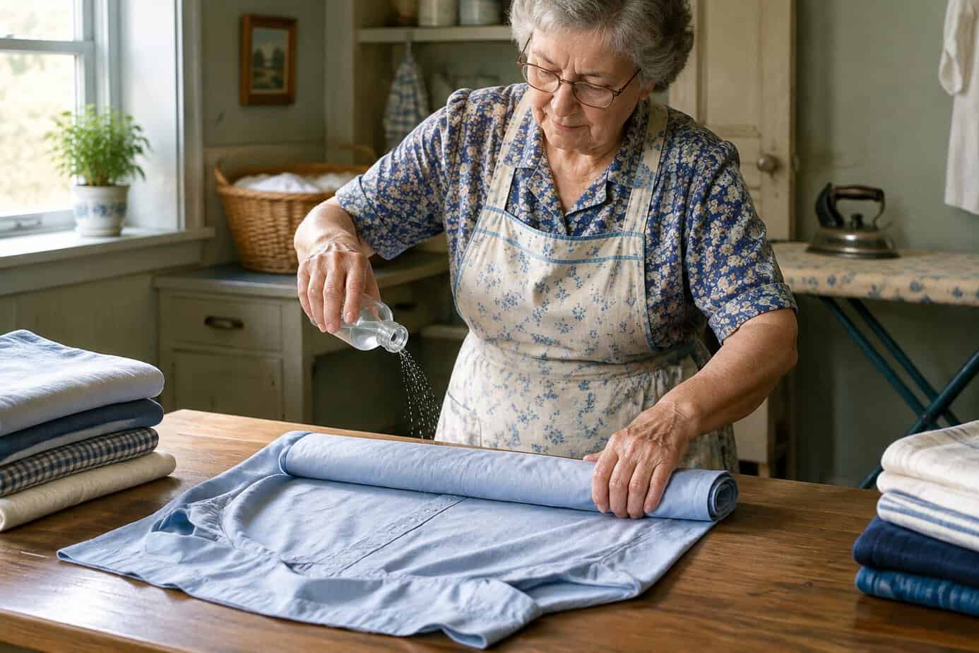 A grandmother sprinkles water on a shirt and rolls it on a table before ironing.