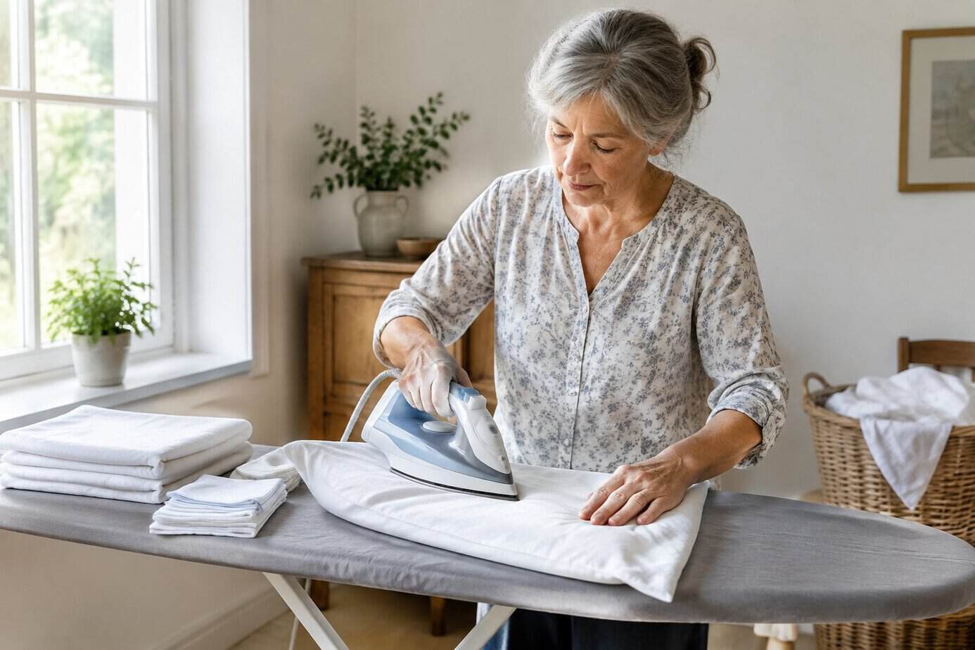 An older woman irons a white pillowcase beside folded laundry.