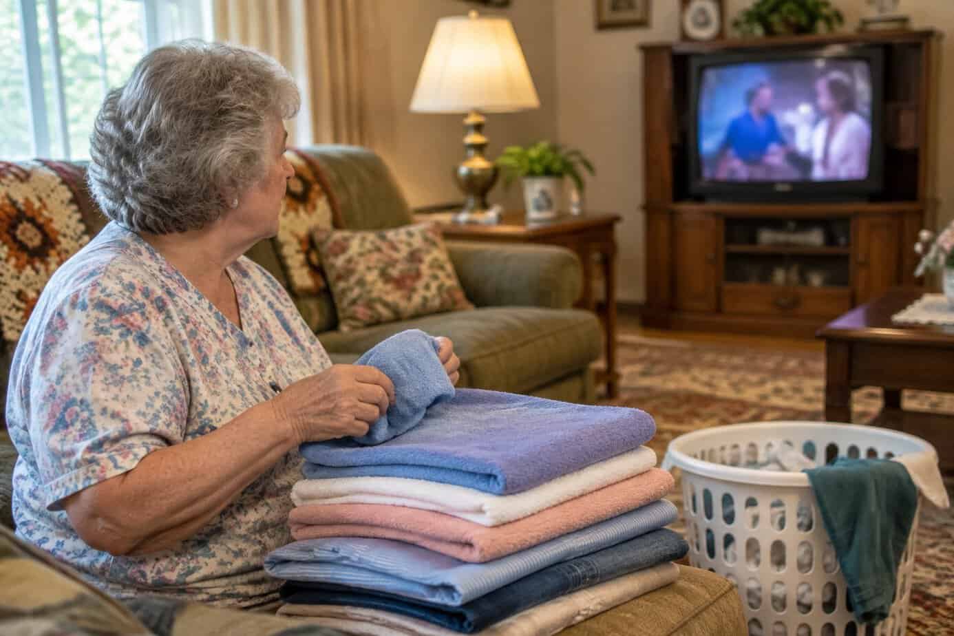 An older woman folds laundry while watching television in her living room.