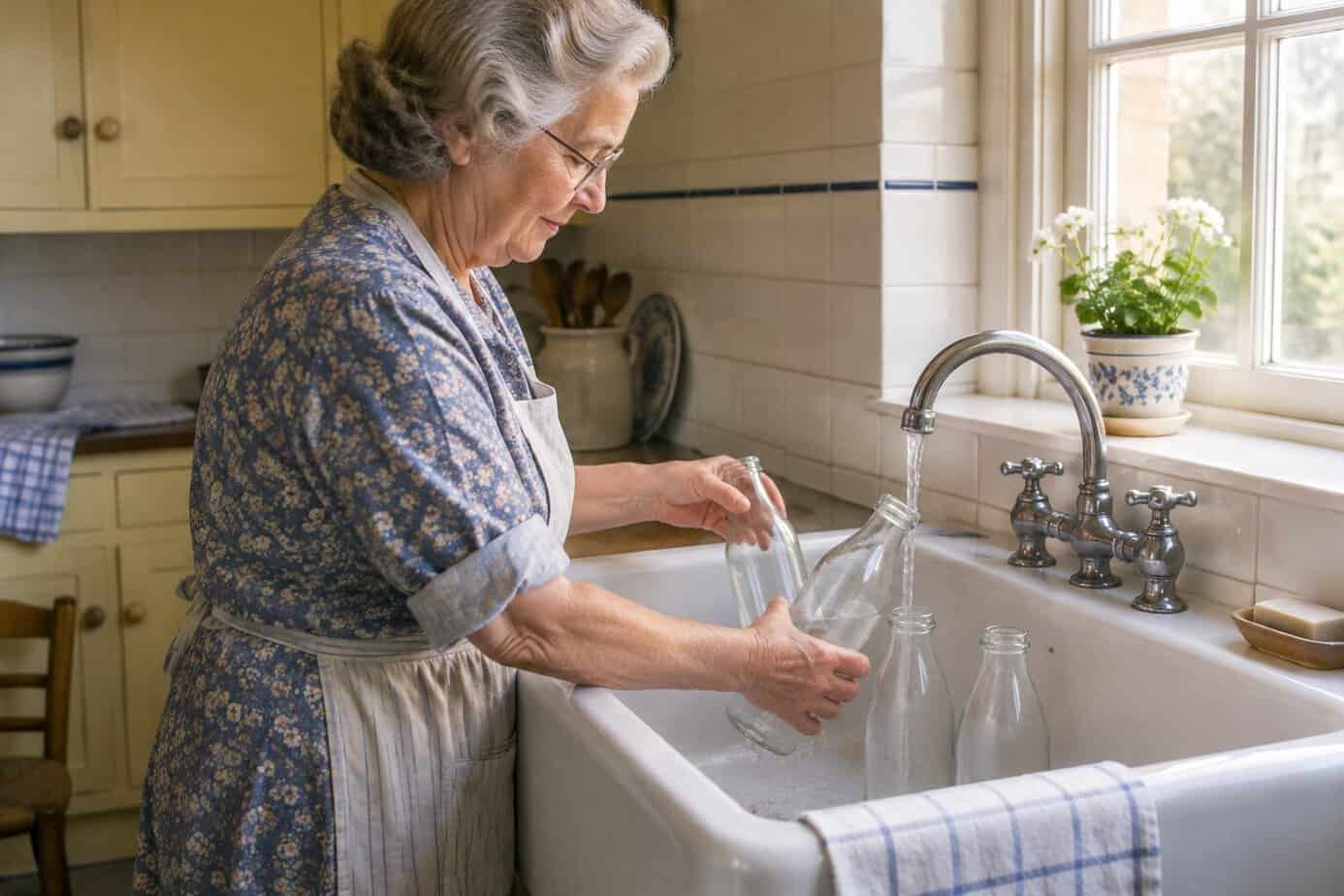 A grandmother rinses glass milk bottles at a kitchen sink.