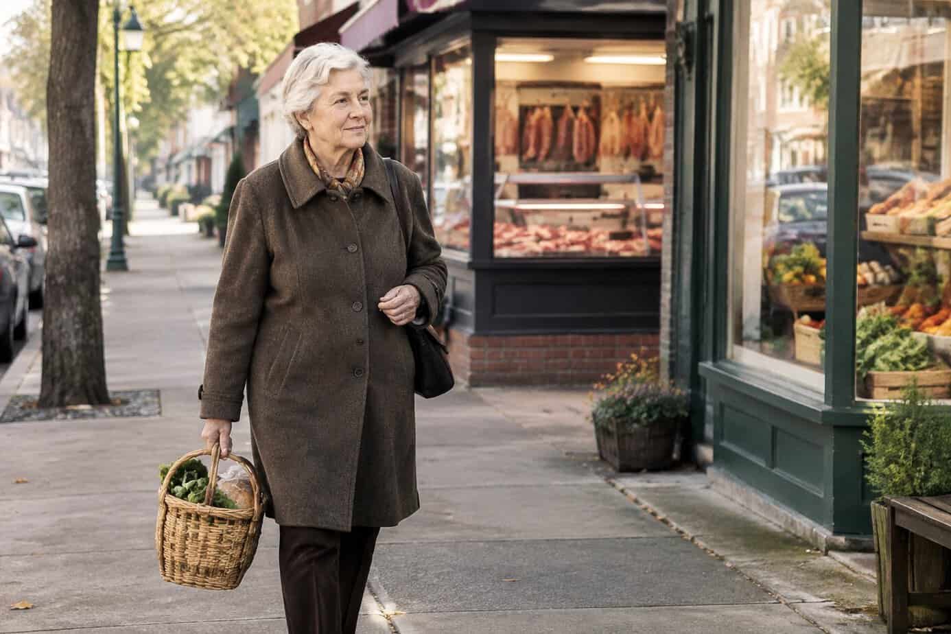 An older woman walks along a neighborhood sidewalk carrying a shopping basket, with local shops nearby.