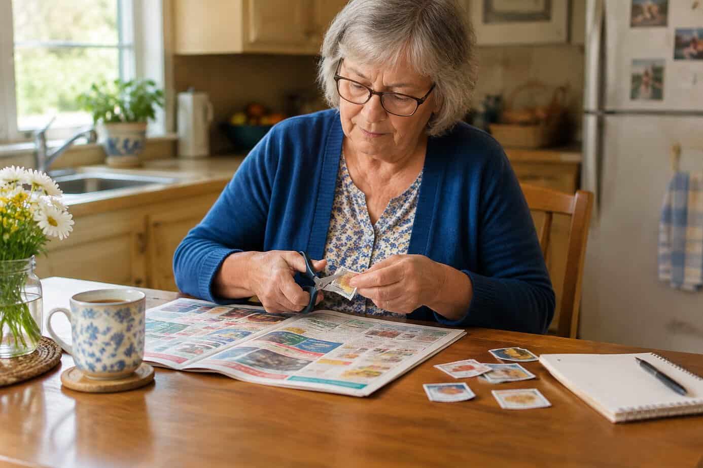 An older woman cuts a coupon from a newspaper at her kitchen table.