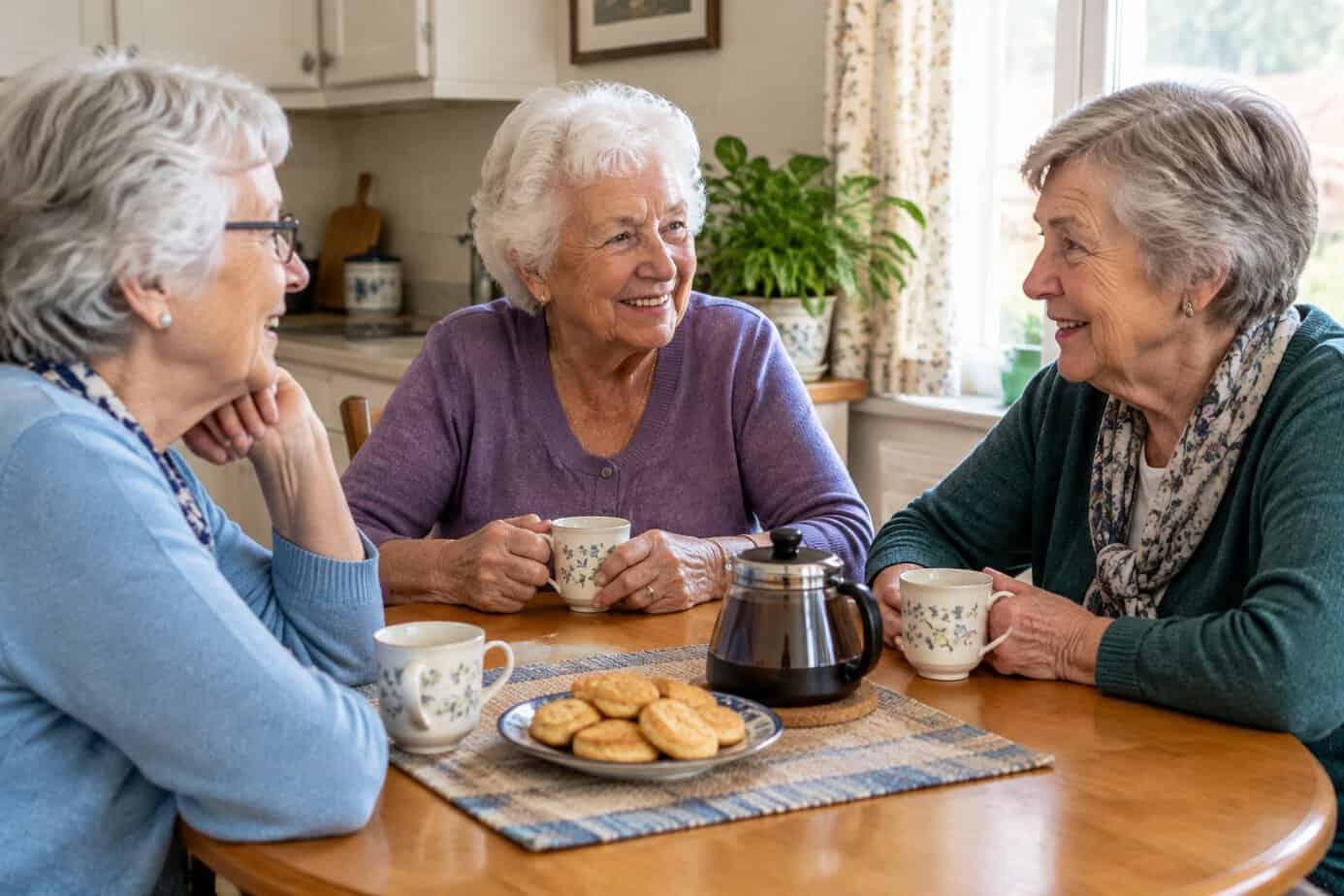 Three older women share coffee and conversation around a kitchen table.