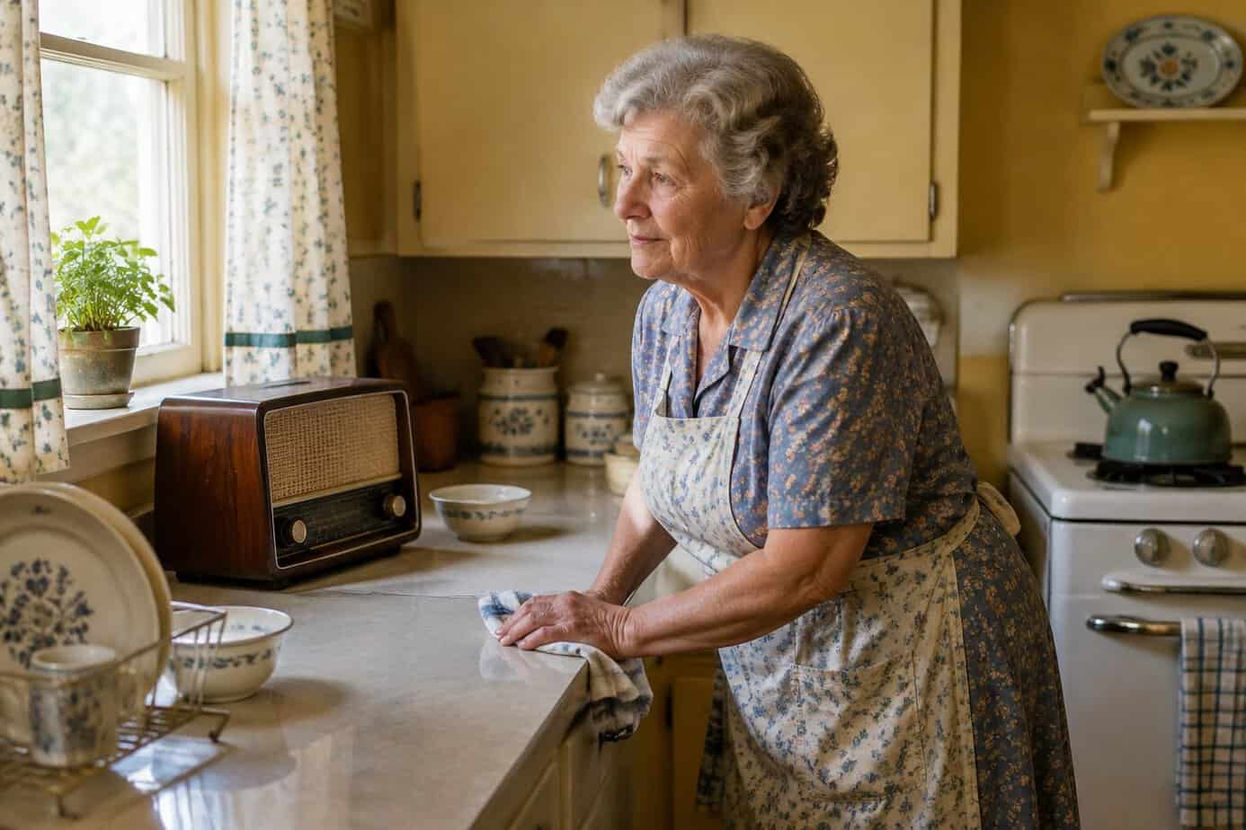 A grandmother listens to a tabletop radio while drying dishes in her kitchen.