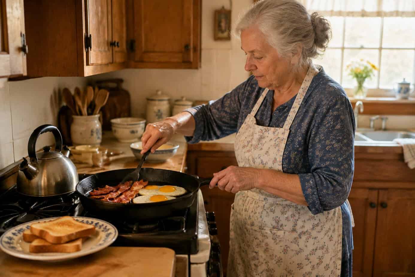 A grandmother cooks eggs and bacon at the stove in a home kitchen.