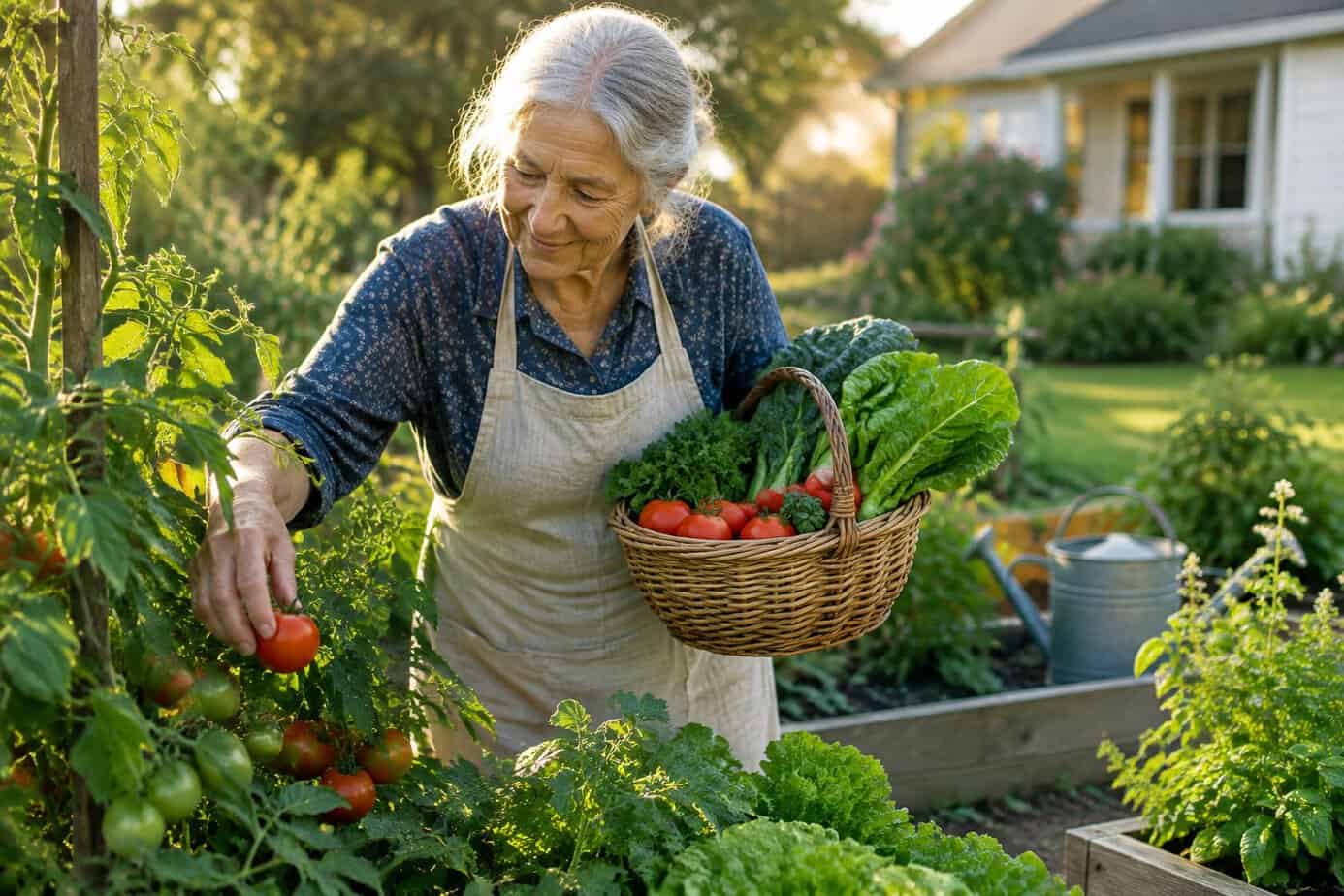 An older woman picks tomatoes and leafy greens from her backyard garden into a basket.