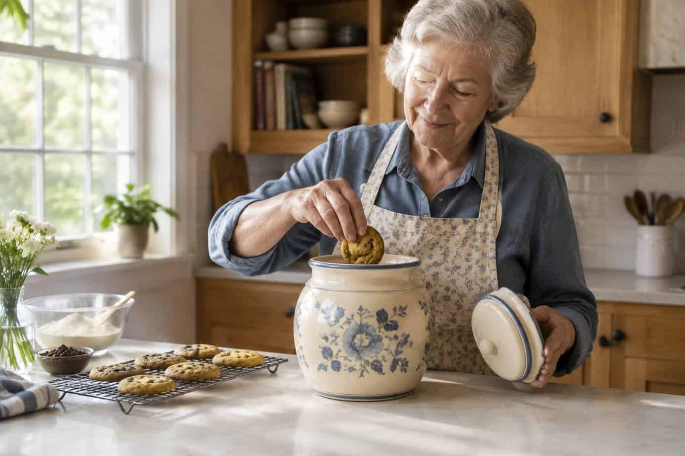 A grandmother places freshly baked cookies into a jar in her kitchen.