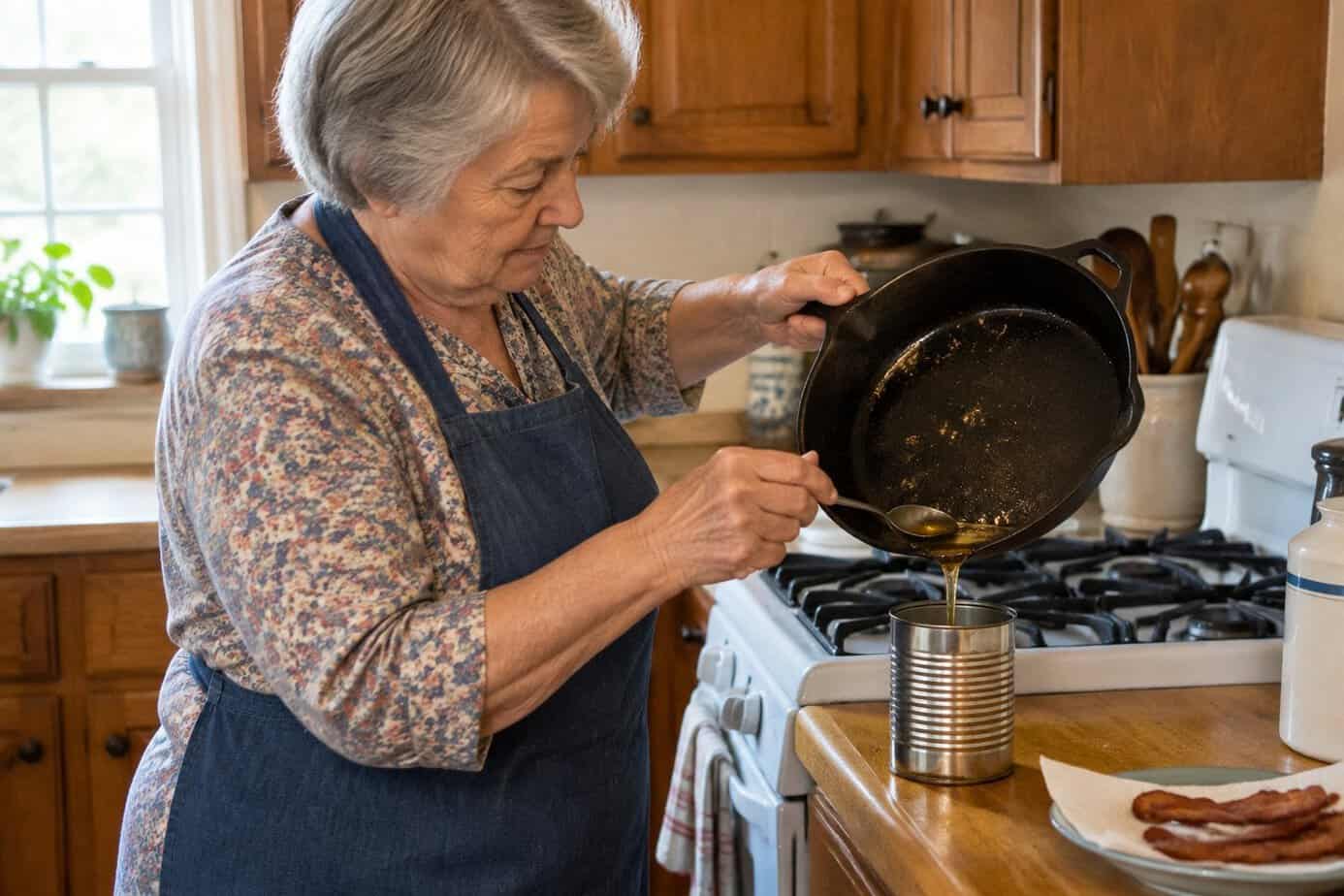 An older woman pours bacon grease from a skillet into a can beside the stove.