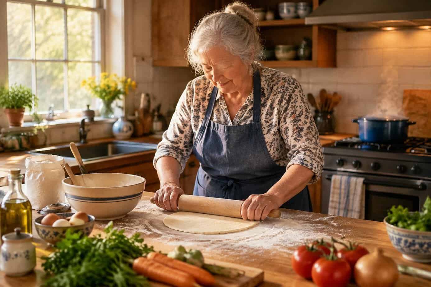 An older woman rolls dough in a home kitchen while supper simmers on the stove.