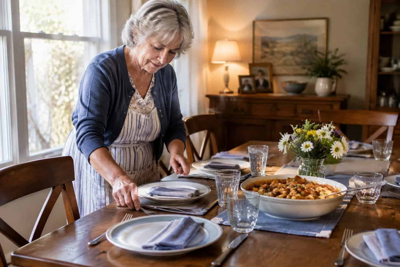 A grandmother sets plates and napkins on the dining table for dinner.