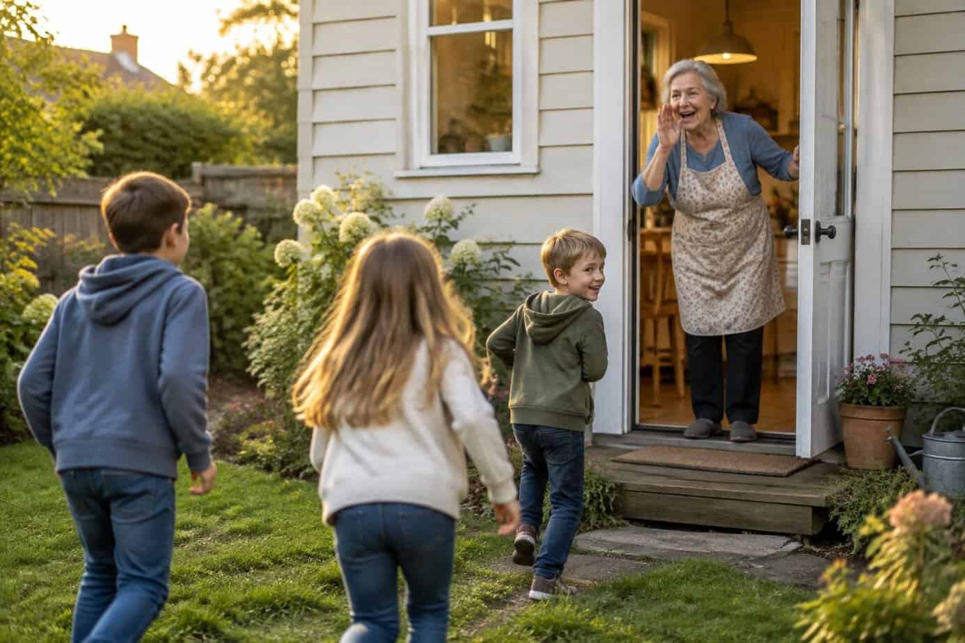 A grandmother calls children in from the yard through the open back door.