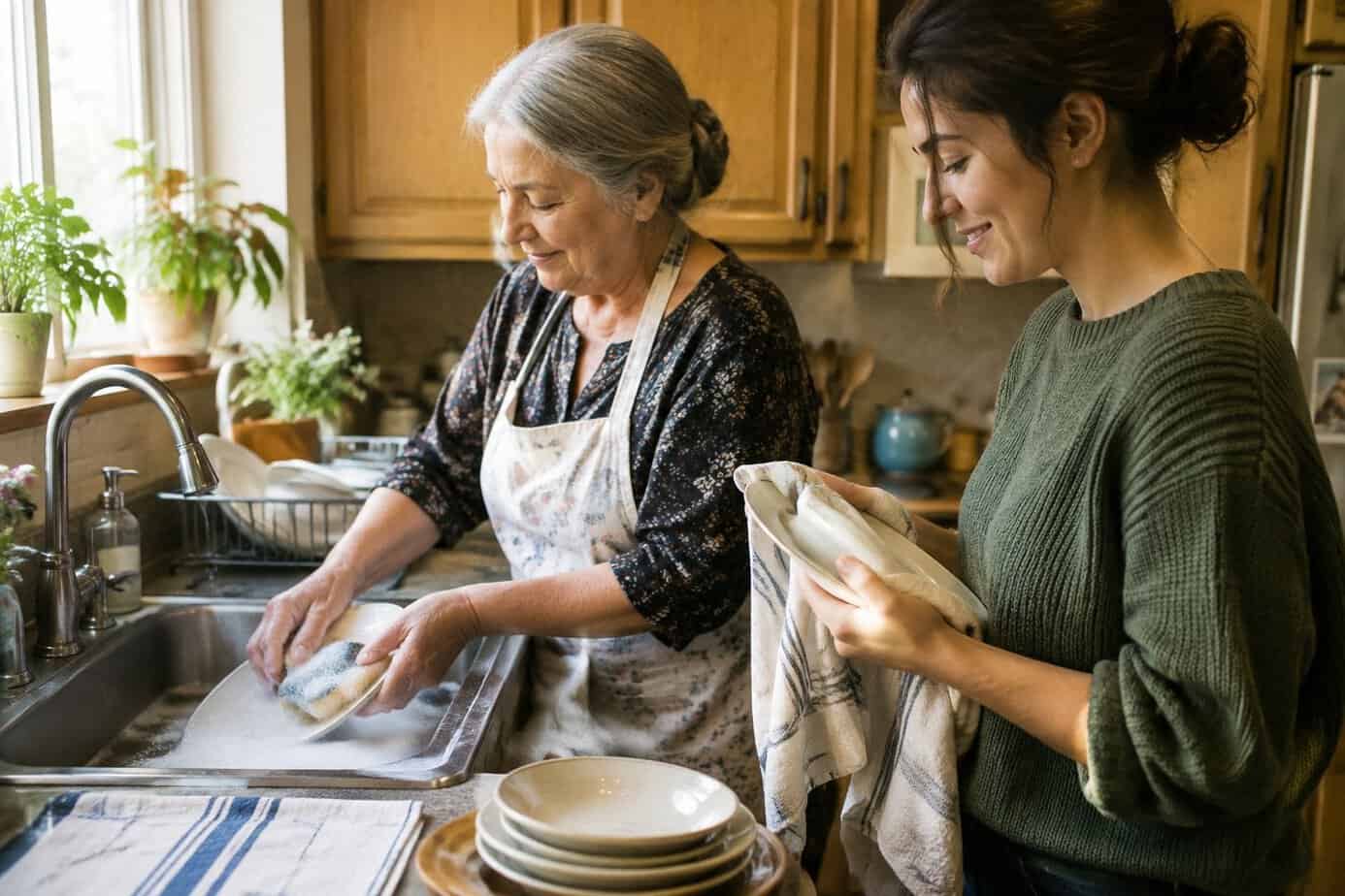 A grandmother washes a plate by hand while a family member dries a dish beside her.