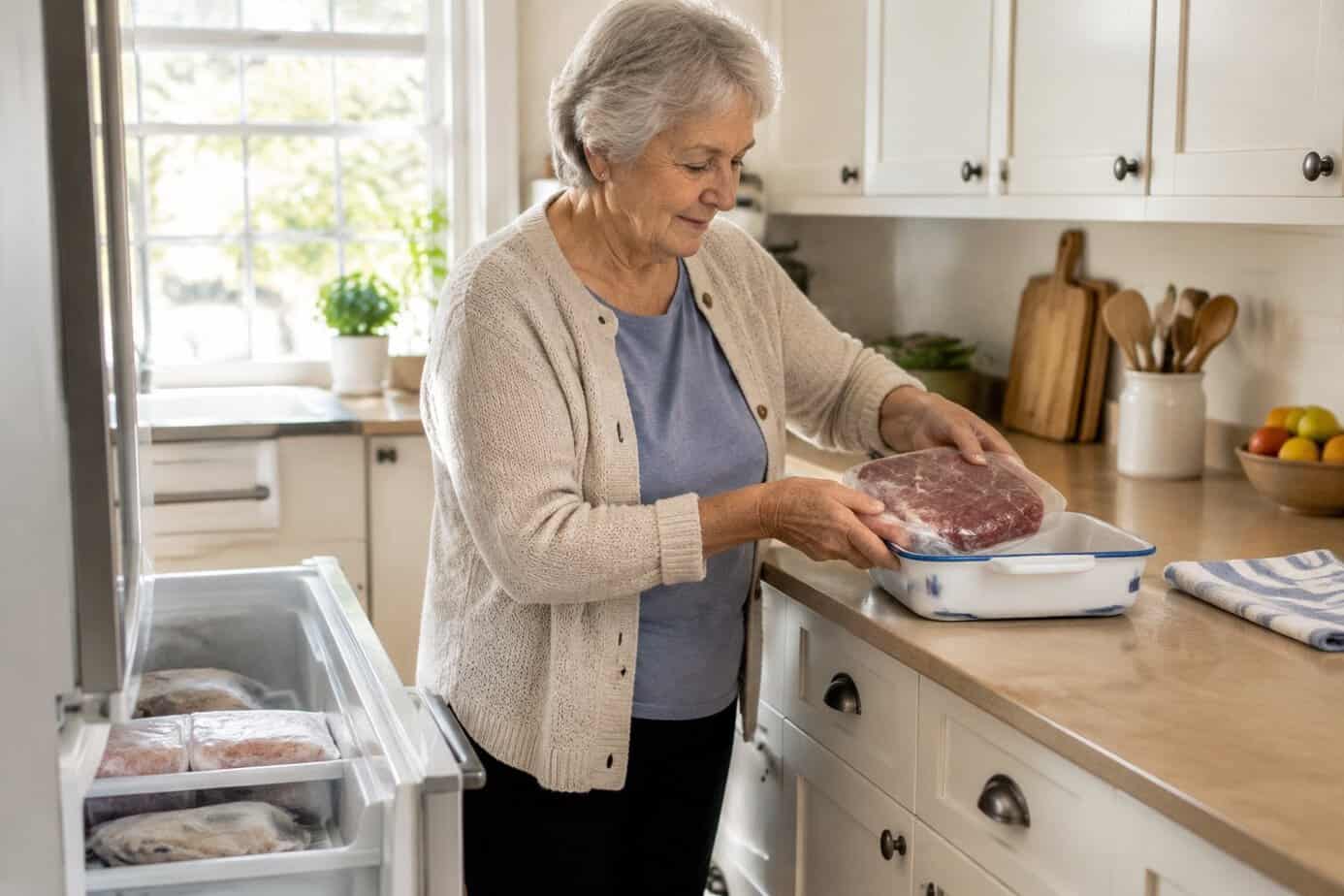 An older woman takes wrapped meat from a freezer and places it in a dish.