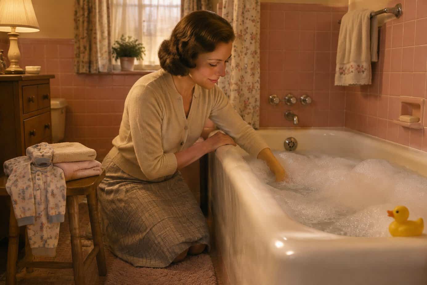 A young mother kneels to test the bath water in a pink-tiled 1960s bathroom.