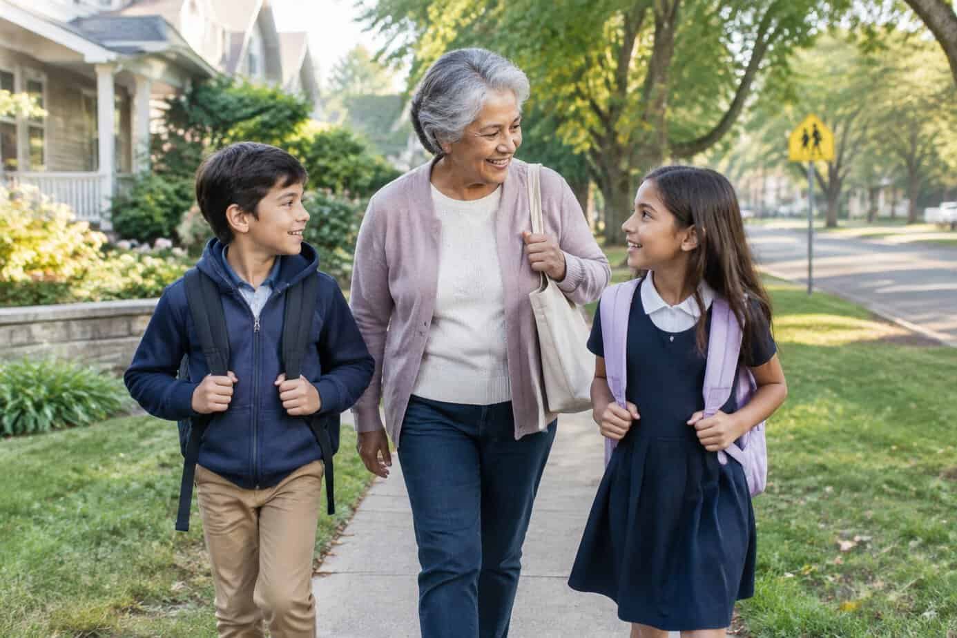 A grandmother walks two children with backpacks along a neighborhood sidewalk.