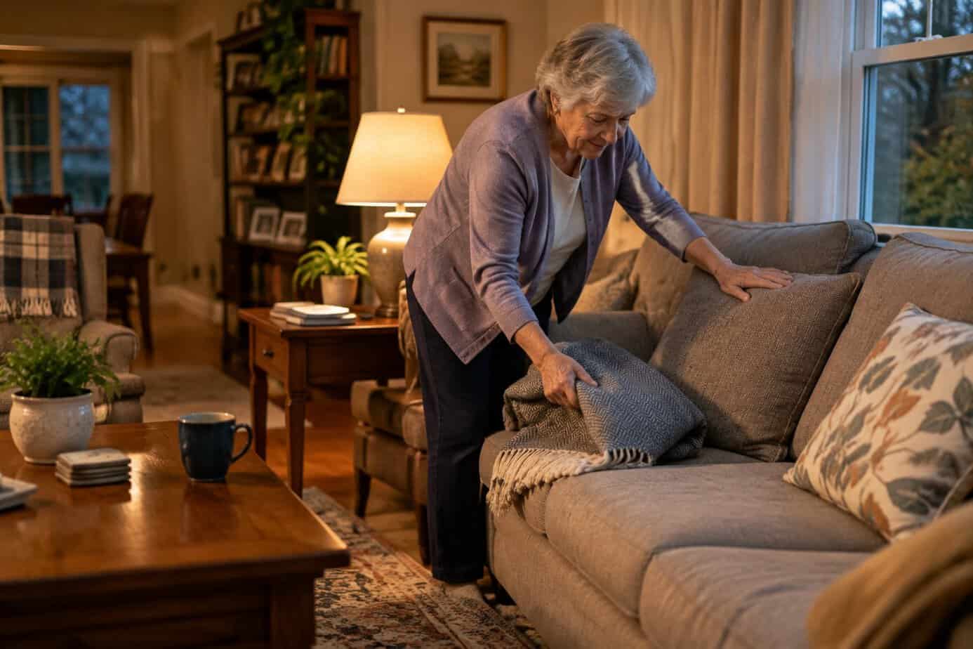 An older woman straightens sofa cushions and folds a blanket in the living room.