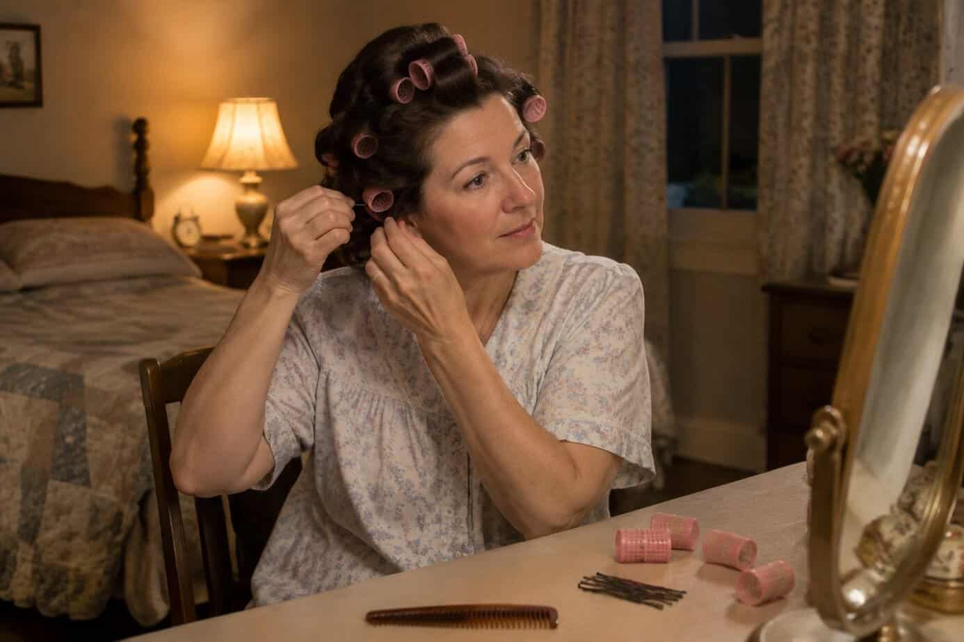 A woman sets her hair in rollers at a bedroom vanity before bed.