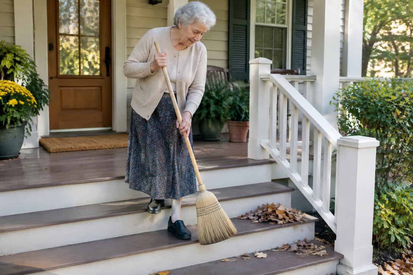 An older woman sweeps leaves from her front porch and steps.