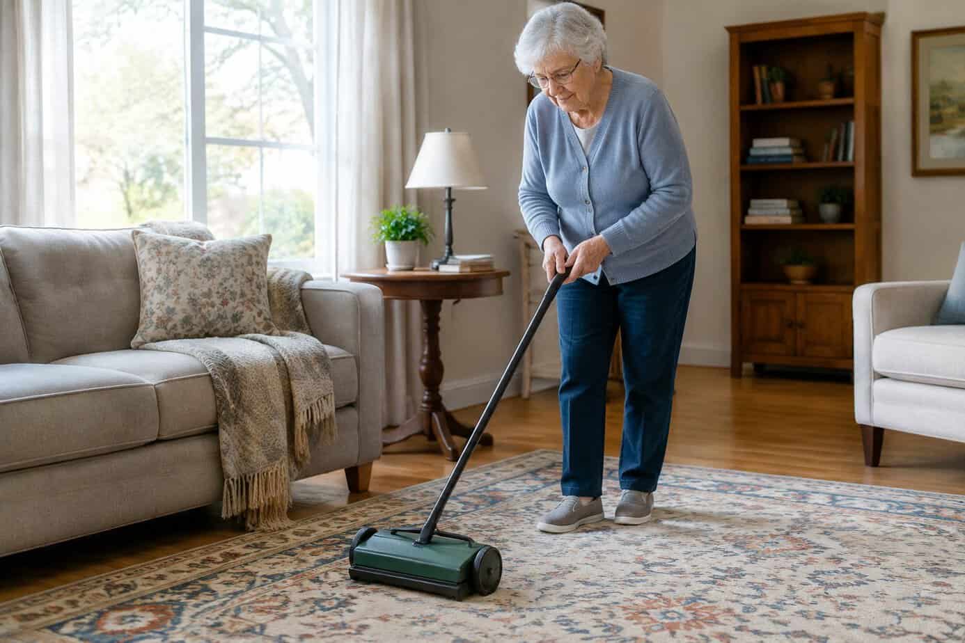 An older woman pushes a manual carpet sweeper across a living-room rug.