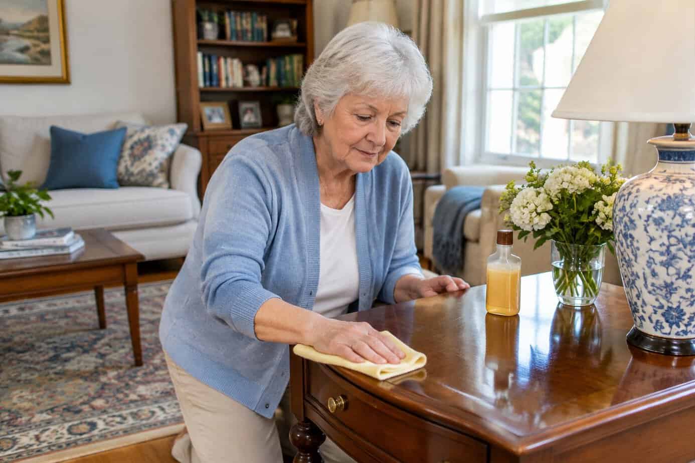 An older woman polishes a wooden side table in her living room.