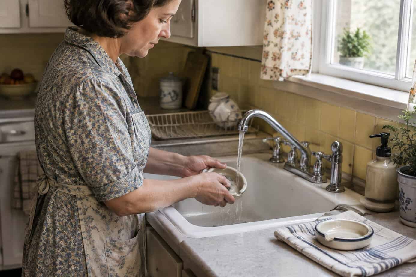 A woman rinses a ceramic ashtray at a kitchen sink.