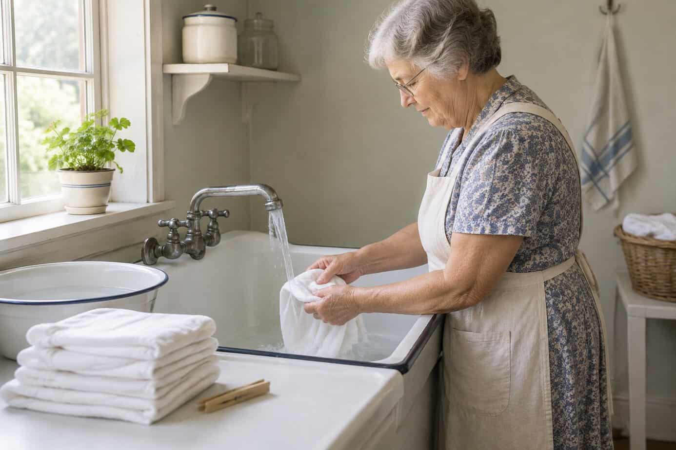 An older woman rinses a cloth diaper at a laundry sink.