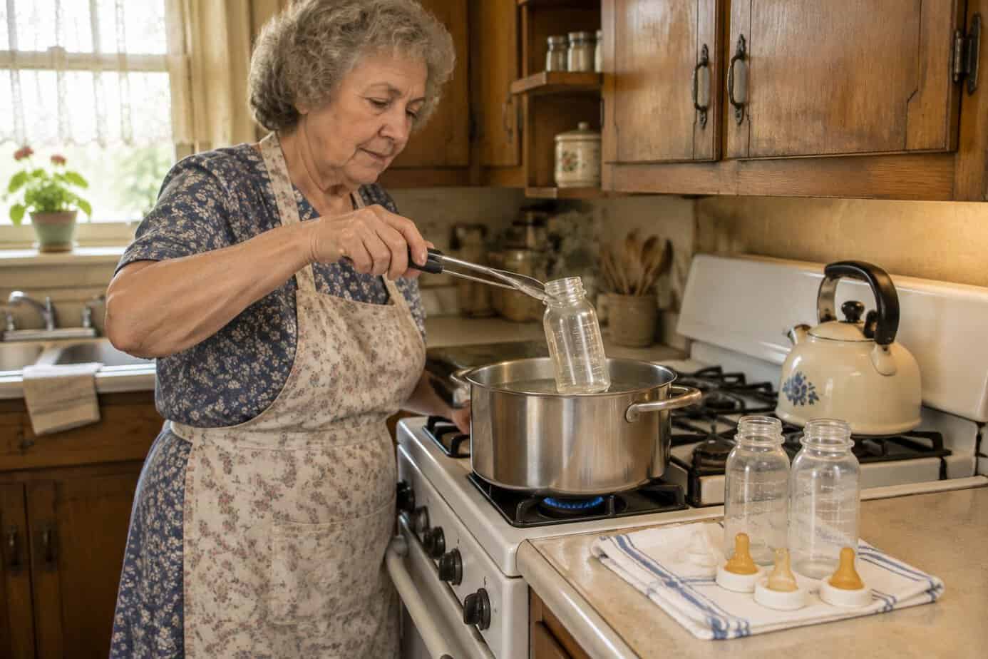 A grandmother uses tongs to remove a baby bottle from a pot of boiling water on the stove.
