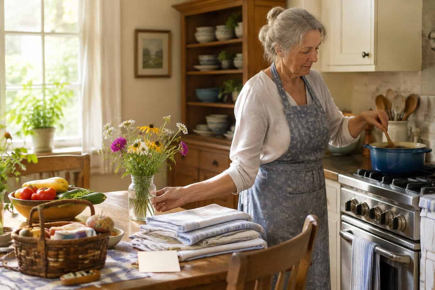 An older woman stirs a pot in a sunlit kitchen beside folded linens and fresh flowers.