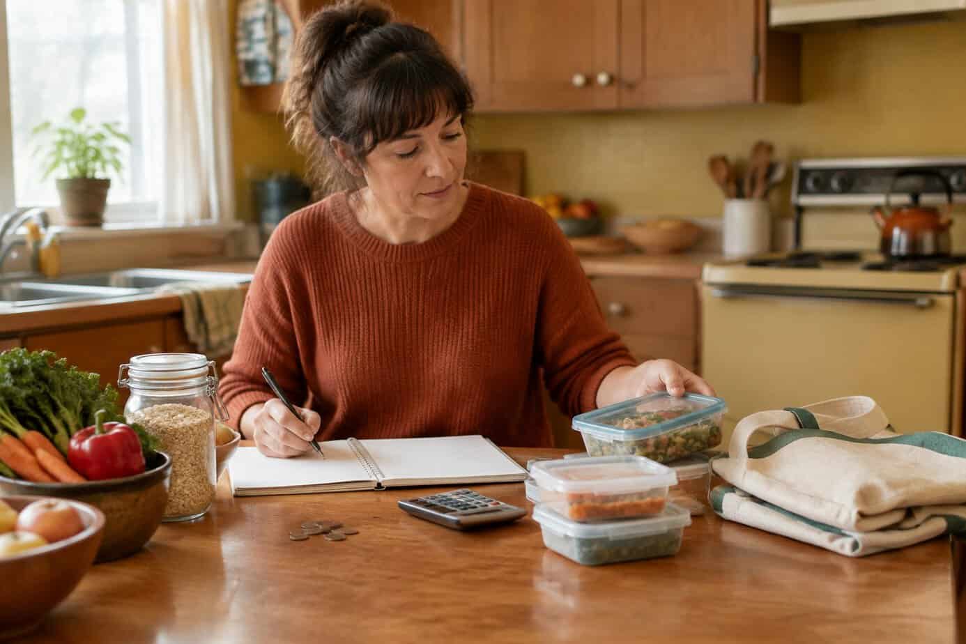 1970s housewife at the kitchen table writing in a notebook beside groceries