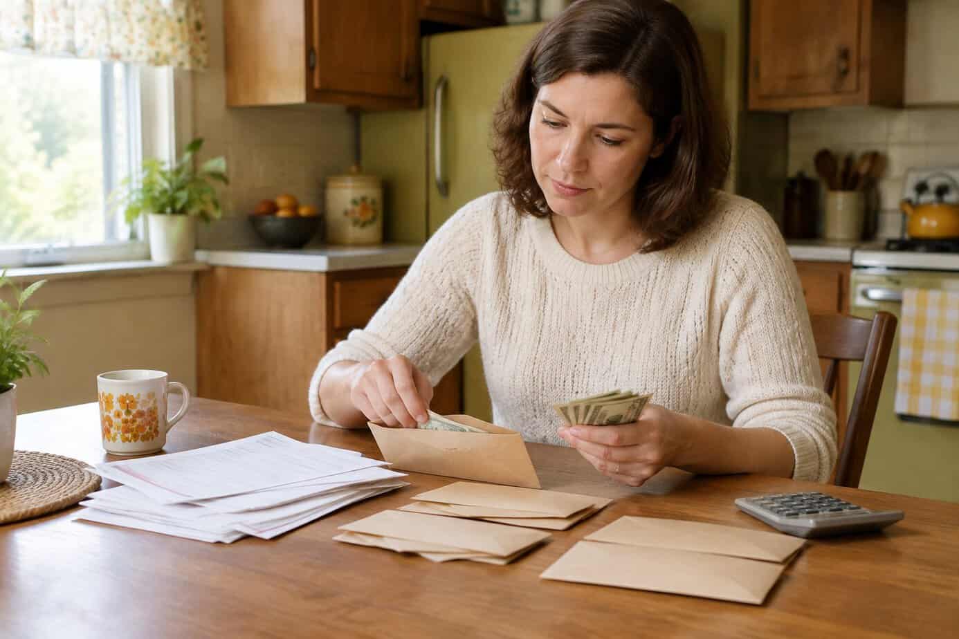 1970s housewife sorting household money at the kitchen table