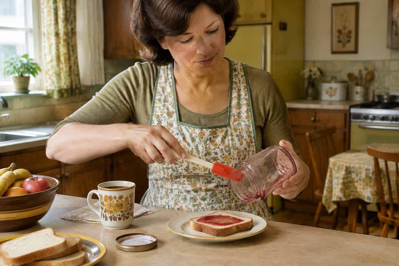 Housewife scraping the last bit out of a jar