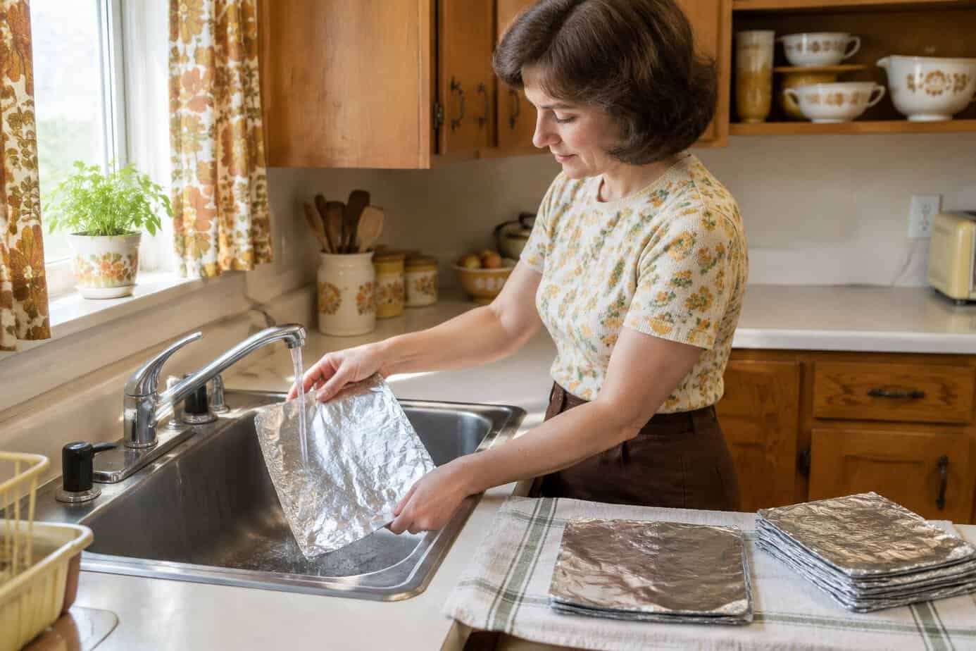 Woman washing a sheet of aluminum foil at the kitchen sink