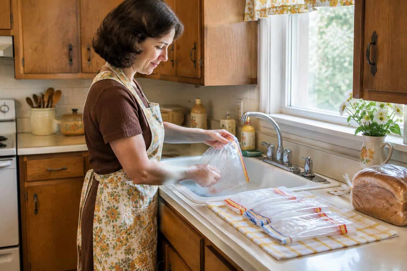 Housewife saving plastic bread bags at the counter