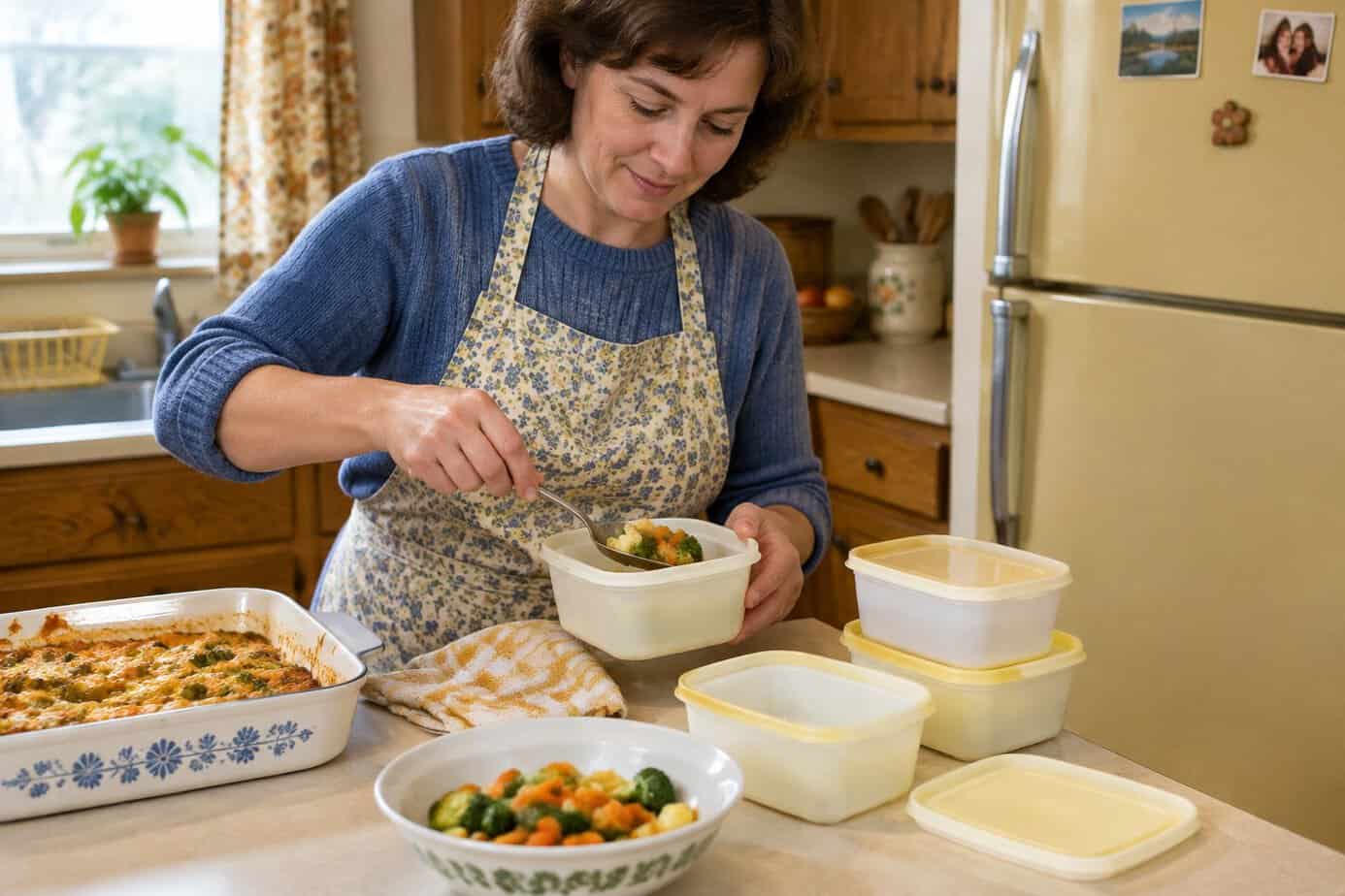 Leftovers stored in old margarine tubs