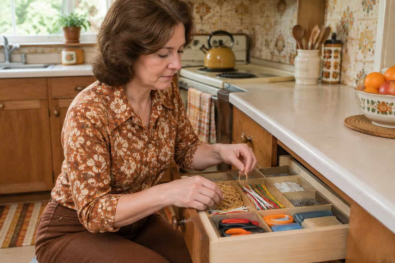 Woman sorting rubber bands and twist ties in a kitchen drawer