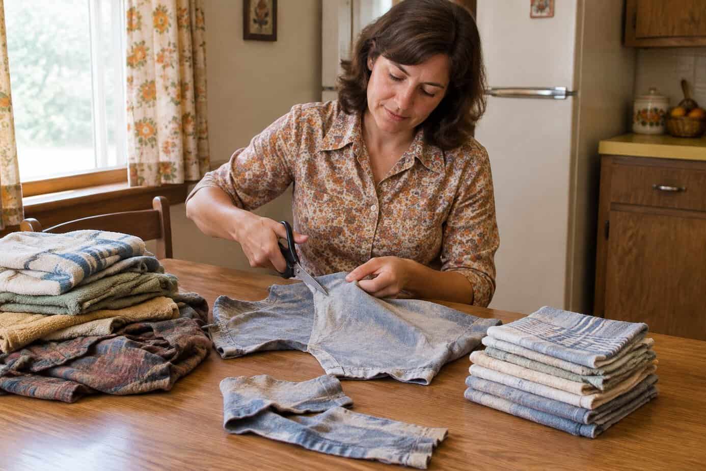 Housewife cutting old towels into cleaning rags