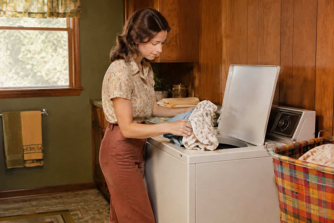 1970s housewife loading a top-loading washing machine