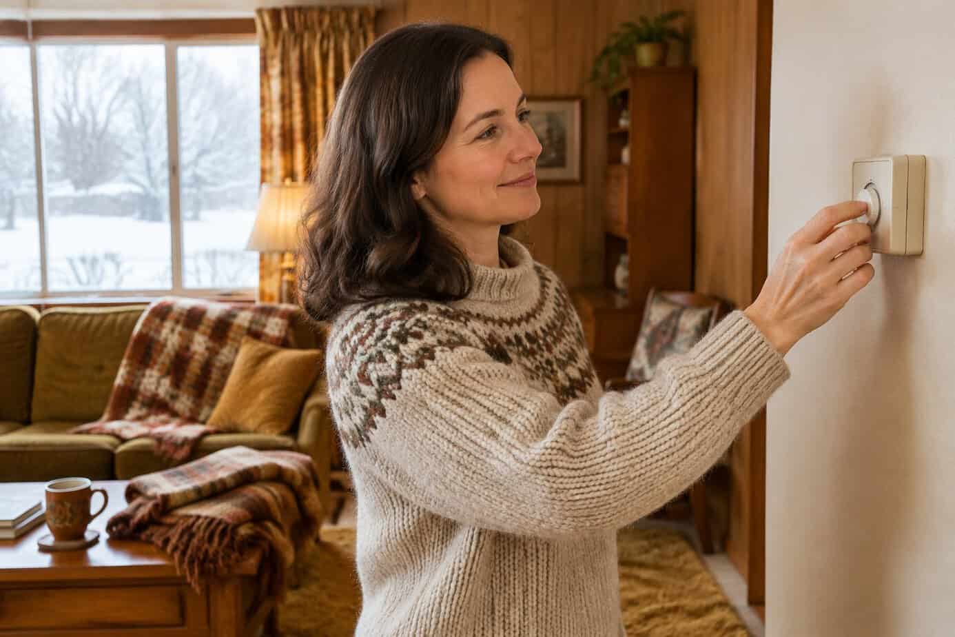 Woman in a sweater turning down the thermostat