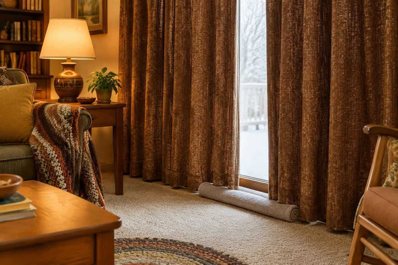 Heavy drapes drawn in a cozy 1970s living room